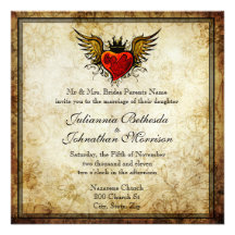 Vintage Tattoo Winged Heart Wedding Invitation