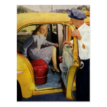 Vintage Taxi Cab Driver and Passenger Postcard