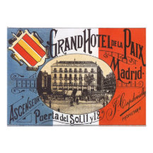 Vintage Travel Poster, Hotel Paix, Madrid, Spain Custom Invitation