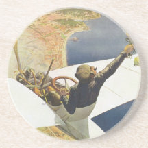 Vintage Travel Poster, Pilot Aeroplane Nice France Drink Coaster