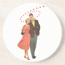 Vintage Valentine Walking with Floating Hearts Beverage Coaster