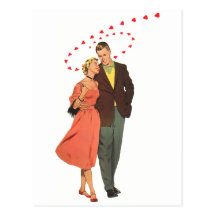 Vintage Valentine Walking with Floating Hearts Postcards