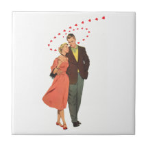 Vintage Valentine Walking with Floating Hearts Tiles