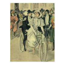 Vintage Victorian Bride Groom Ride Tandem Bicycle Postcard