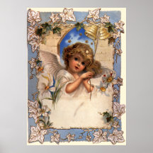 Vintage Victorian Christmas Angel with Bells Ivy Poster