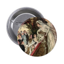 Vintage Victorian Newlywed Bride Tossing Bouquet Button