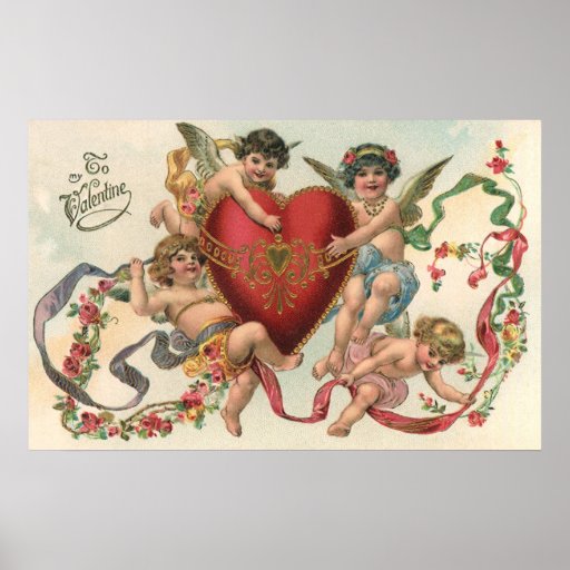 Vintage Victorian Valentine Cupids Angels Heart Print