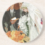 Vintage Wedding Ceremony, Bride Groom Newlyweds Drink Coasters