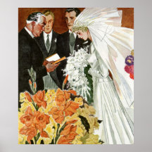 Vintage Wedding Ceremony, Bride Groom Newlyweds Print