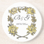 Vintage Wedding, Yellow Antique Garden Rose Wreath Drink Coasters