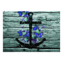 Vintage Wood & Black Anchor With Blue Butterflies Invitations