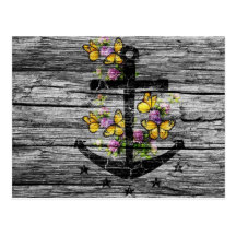 Vintage Wood & Black Anchor With Yellow Butterfly Post Card