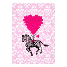Vintage zebra & pink  heart balloons personalised invitation