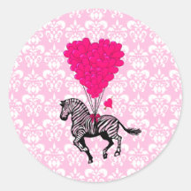 Vintage zebra & pink  heart balloons round sticker