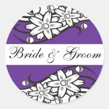 Violet Floral bride & Groom Wedding Envelope Seals Round Stickers