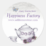 violets tea cup teapot gift tag sticker, Happin...