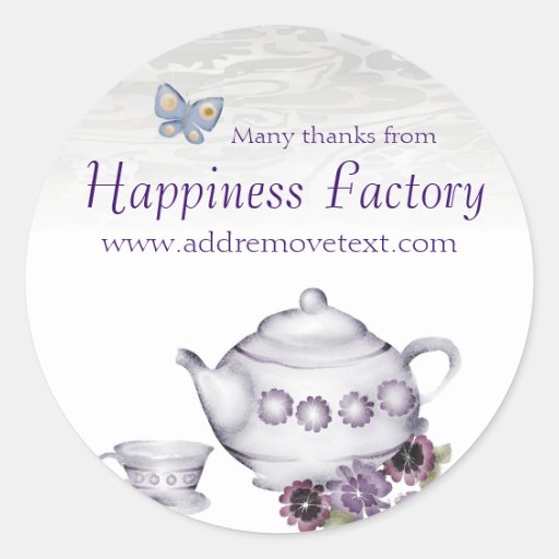 violets tea cup teapot gift tag sticker, Happin...
