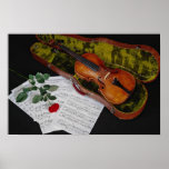 Violin and red rose on black background poster