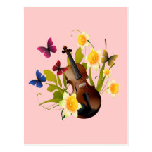 VIOLIN, FLOWERS AND BUTTERFLIES POSTCARD