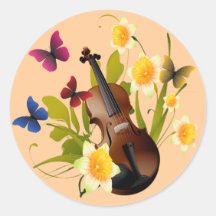 VIOLIN, FLOWERS AND BUTTERFLIES ROUND STICKER