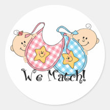 We Match Peeking Twins with Bibs 1 Girl, 1 Boy Round Sticker