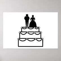 Wedding cake with bride and groom cartoon poster