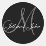 Wedding Custom Monogram & Names Black & Grey Seal Round Sticker