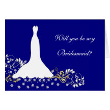 Wedding dress, floral. swirls on blue Bridesmaid Greeting Card
