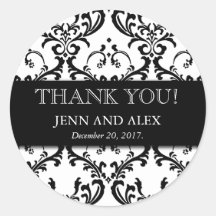 Wedding Favour Damask Thank You Stickers Black