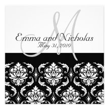 Wedding Invitation Monogram M Damask Black & White