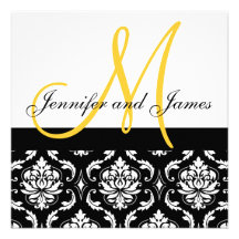 Wedding Invitation Monogram Names Yellow Damask