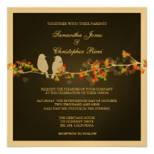 Wedding Invitations, love birds colourful blossoms