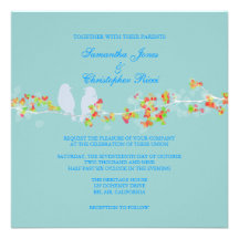 Wedding Invitations, love birds colourful blossoms