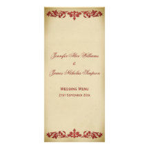 Wedding Menu Vintage Leaf Scroll in Burgundy Rack Card