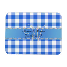 Wedding monogram blue gingham checkers rectangular magnet