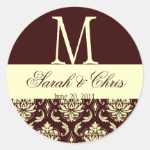 Wedding Monogram Damask Brown Ivory Seal Round Sticker