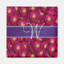 Wedding monogram maroon pink roses magnets