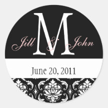Wedding Monogram Names Date Damask Black White Stickers