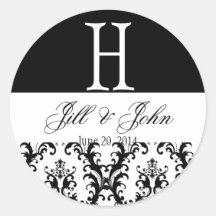 Wedding Monogram Names Date Damask Black White Round Stickers