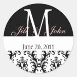 Wedding Monogram Names Date Damask Black White Sticker
