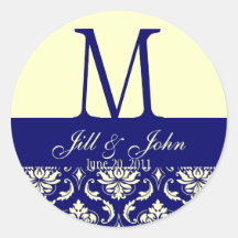 Wedding Monogram Names Date Damask Navy Cream Sticker