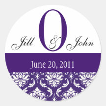 Wedding Monogram O Names Date Paisley Purple Seal Sticker