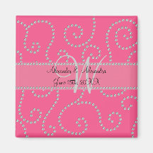 Wedding monogram pink diamond swirls fridge magnet