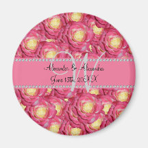 Wedding monogram pink roses magnets