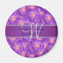 Wedding monogram purple roses refrigerator magnet