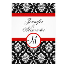 Wedding Monogram Red Damask Invitation Front View