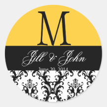 Wedding Monogram Save Date Damask Yellow Seal Sticker