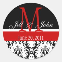 Wedding Monogram Save the Date Damask Red Sticker