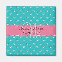 Wedding monogram turquoise diamonds hearts fridge magnet
