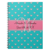 Wedding monogram turquoise diamonds hearts spiral note books